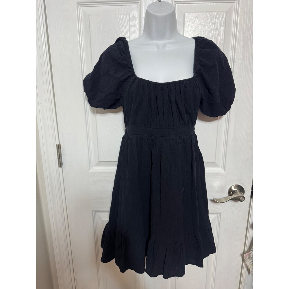 Hesperus Black Puff Sleeve Tie Back Cut Out Ruffle Mini Dress Small
